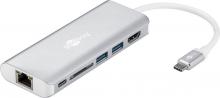 USB C Multiport-Adapter - USB 3.1 Typ C-Stecker > HDMI / USB / RJ45 / CR -Buchse, 20cm, silber